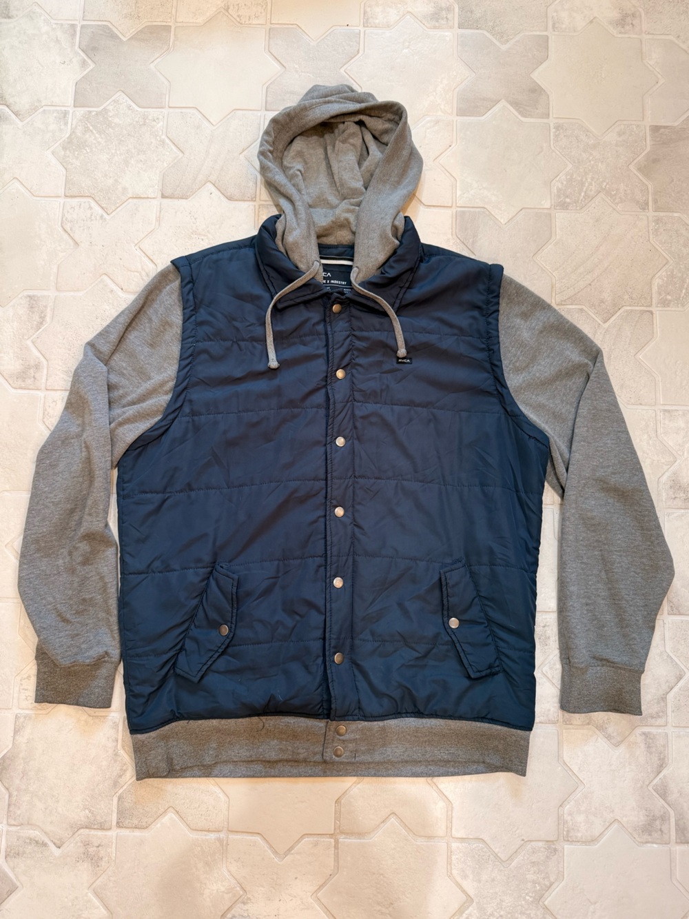 RVCA Men’s Nature x Industry Mixed Material Navy Hoodie Jacket XL
